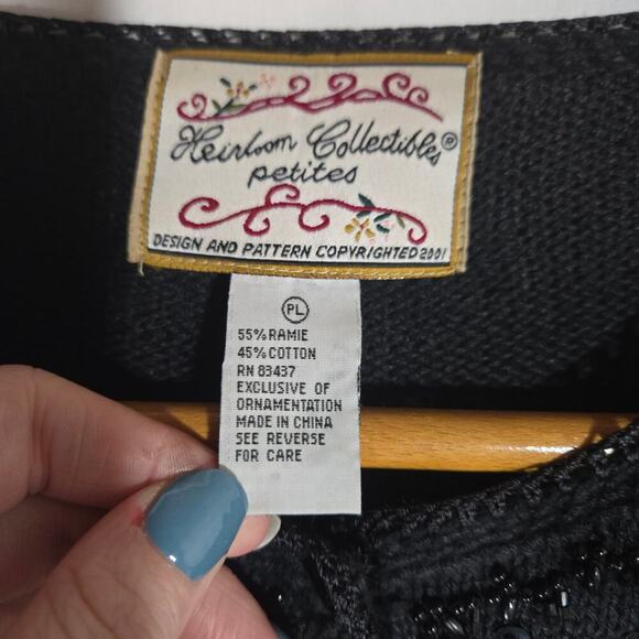 VTG Hierloom Collectibles Petites Black Beaded Knit Cardigan Large Crochet Y2K - Picture 4 of 9